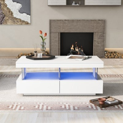 Coffee Table For Living Room, High Gloss Tea Table With 16-Color LED Lights, Coffee Table With 2 Drawers And Open Storage Space, End Table For Home Office Furniture, White